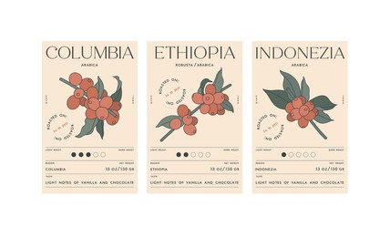 vector set illustration design labels for coffee packages. minimalistic and modern design with coffee beans branch.