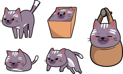 bundle of stickers with long cat, hanging, sleeping, jumping, stretching, hiding in box, angry, cute cats. set of purebred pet animals isolated on white background. flat cartoon vector illustration.