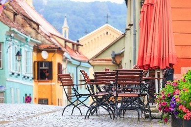 typical street cafe bar, sighisoara, romania