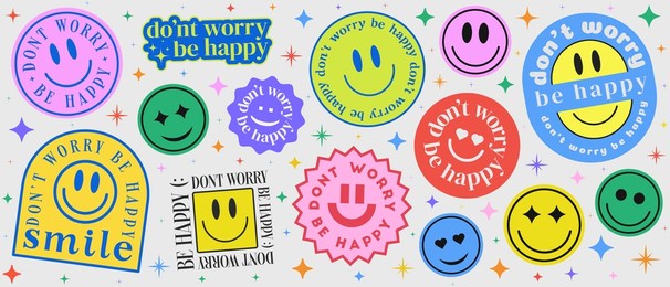 don't worry be happy abstract patches collection. cool trendy smile happy stickers vector design.