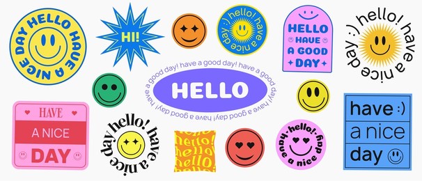 set of cool smile stickers vector design. hello have a nice day patches collection.