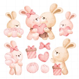 watercolor cute couple rabbit set with love and valentine elements 