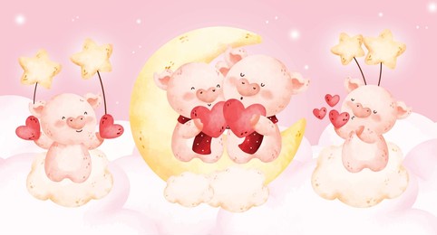 watercolor cute couple pig set 