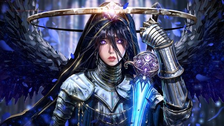 a sweet young angel girl with heavenly purple eyes, in dense shiny armor and a hood with golden patterns. she has black star wings and a magic sword, a wide halo over her head and black hair. 2d art