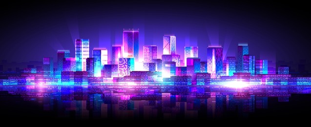 colorful neon metropolis landscape. horizontal widescreen illustration of night city.