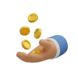 3d icon hand with coins flying. realistic vector render emoji. money concept, design element isolated on white background
