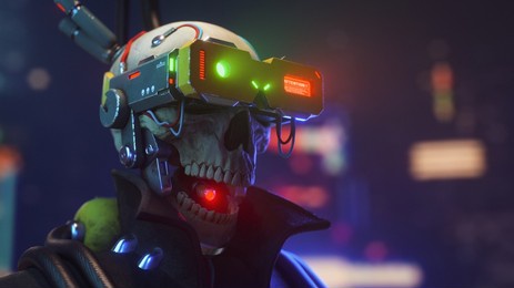 cyberpunk human skull with open mouth in black leather jacket wears futuristic yellow gray color metal virtual reality glasses with green glow, blue red wires. 3d render on night light bokeh in city.