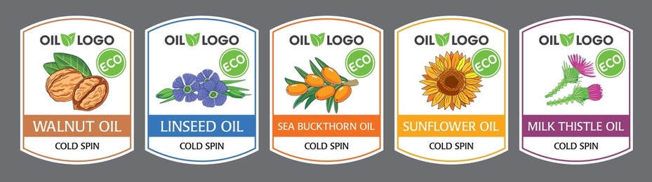 organic oils labels set. sea buckthorn, walnut, sunflower and linseed oil