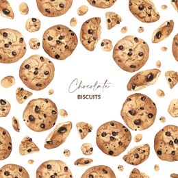 watercolor biscuits with chocolate. hand drawn background of baked food on white background. template of cookies for menu, packaging and greeting card.