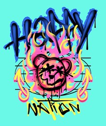 teddy bear head spray paint style with graphic elements and custom typographic slogan style