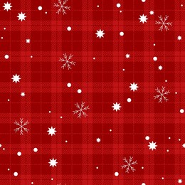 christmas red tartan plaid vector seamless pattern background with winter snow, snowflakes and stars