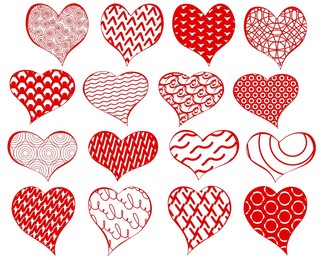 zen art hearts doodle collection isolated on white background. saint valentine's day pretty bright red and white template. trendy set of fill-in heart shapes with various patterns and ornaments.