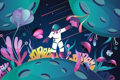 spaceman or astronaut character in space suit in outer space enjoying fabulous flora vector illustration. moonwalker exploring aerospace having cosmic adventure