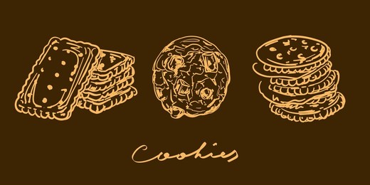 set of cookies vector illustration on the brown background. beige lines. three hand drawn cookies: chocolate chips cookie, crackers, graham digestive biscuits. stylish design sketch. bakery shop menu.