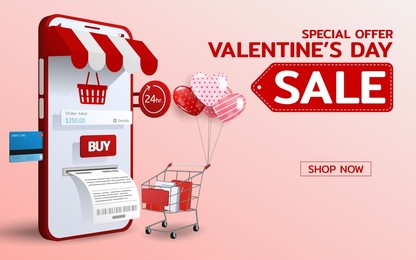 online shopping in happy valentines day theme with heart balloons and shopping cart 3d perspective vector design. trading online by credit card convenience to customer who use the service.