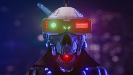 portrait of a cyberpunk skull with open mouth in black jacket wears futuristic yellow gray color metal virtual reality glasses with green glow, blue red wires. 3d render on night light bokeh in city.