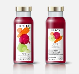 vegetable and fruit detox. beetroot, carrot, apple. beautiful transparency whole and cut fruits. bottle template with face and back labels.