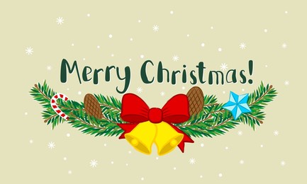 merry christmas card. festive banner with new year's fir wreath, pine cones, golden bells and snowflakes. vector illustration