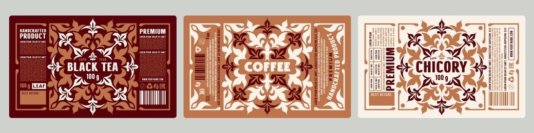 set of template decorative label for tea, coffee and chicory. ornament in medieval style. vector illustration
