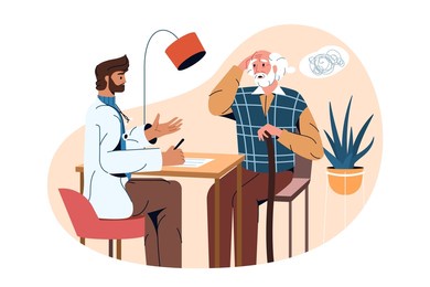flat psychiatrist and elderly patient with alzheimer diseas, dementia, psychiatric or anxiety disorder. doctor help to old man with confusion in head. treatment of mental problems or loss of memory.
