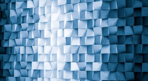 wood block wall cubic texture background in blue filter . modern contempolary woodwork wallpaper artwork design .