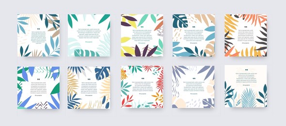 vector square banner for social media, colorful post with tropical leaves, palms, monstera, place for text. set of stylish creative posters for presentation, concept. booklet template with background