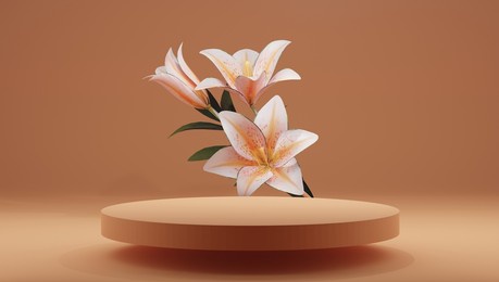 abstract minimal scene with geometric forms. podium on colours background with flowers. product presentation, mock-up, cosmetic display, podium, stage plinth or platform. 3d rendering.