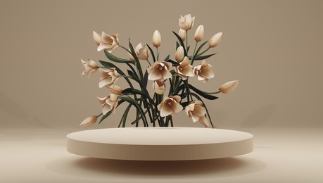 podium, stand, showcase on pastel light, background and flowers. for premium product with nature plant, leaves.3d render.