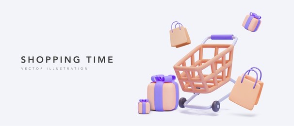 shopping time concept banner with shopping cart, paper bag and gifts in 3d realistic style. vector illustration