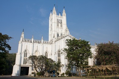 st paul's cathedral in kolkata, india. gothic style white building completed in 1847.
