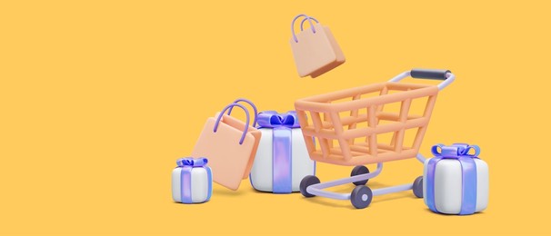 concept banner with shopping cart, paper bag and gifts in 3d realistic style isolated on yellow background. vector illustration