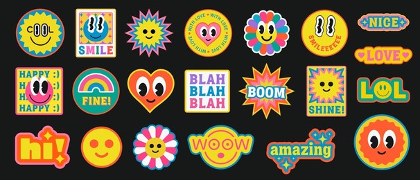 cool trendy retro smile positive stickers set. collection of various patches with emoticons and phrases.