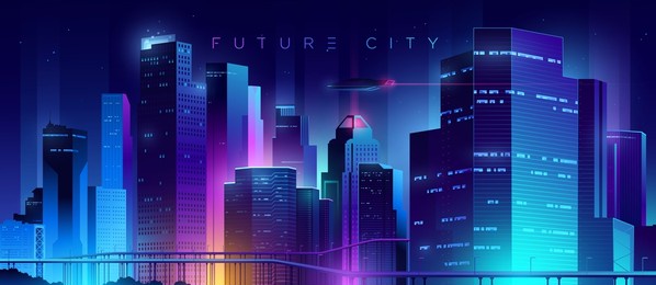 futuristic night city. cityscape on a colorful background with bright and glowing neon lights. wide city front perspective view. cyberpunk and retro wave style illustration.