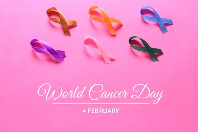 awareness card for world cancer day with ribbons