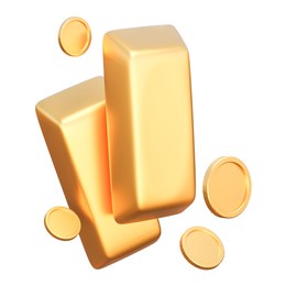 composition of gold bars with coins on a white background for finance, banking and trading. 3d illustration