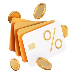 concept of loan with credit cards, online shopping. illustration for business and payments. white bank card in a stack of golden cards with coins and a percentage sign on a white background. 3d render