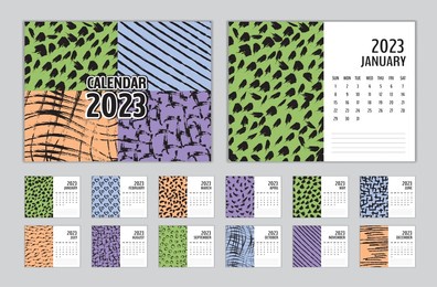 calendar 2023 template vector memphis style, set desk calendar 2023, planner design, week start on sunday, wall calendar 2023 template, set of 12 months, memphis cover design, diary, printing media