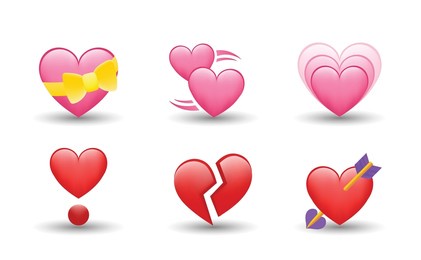 6 emoticon isolated on white background. isolated vector illustration. heart color set icons vector illustrations. set of hearts in different colors and types