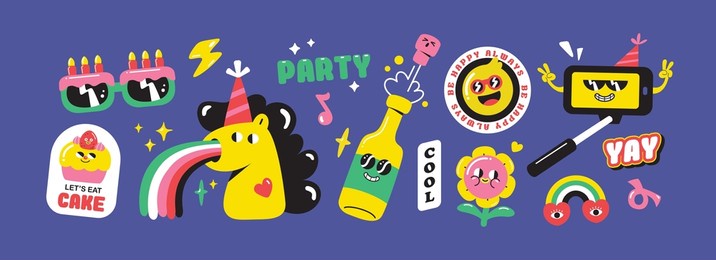 set of birthday party funny and cute characters design. stickers and patches vector illustration.