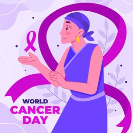 world cancer day illustration with woman and ribbon campaign fight disease or treatment, flat vector illustration