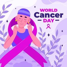 world cancer day illustration with woman and ribbon campaign fight disease or treatment, flat vector illustration