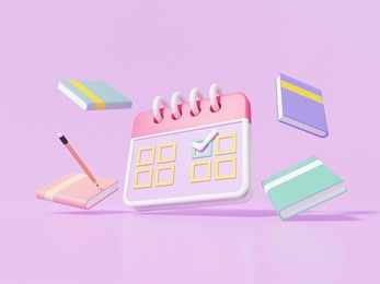 calendar and book floating on purple background. schedule appointment learning education concept. cartoon minimal style, banner, website, 3d render illutration