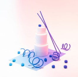 birthday joy. birthday cake. neon light. purple and blue.