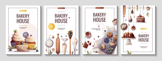 set of flyers for baking, bakery shop, cooking, sweet products, dessert, pastry. a4 vector illustration for poster, banner, cover, flyer, menu, advertising.