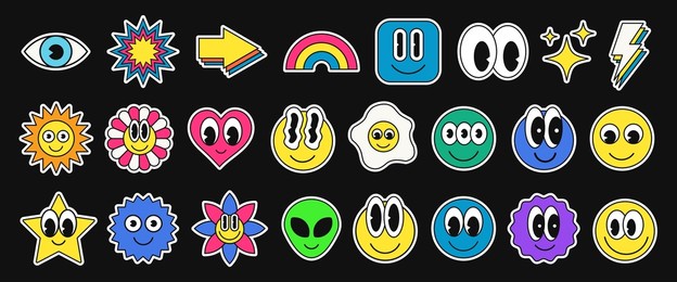 cool cartoon smile emoticon character stickers collection. set of trendy cute funny patches. pop art elements.