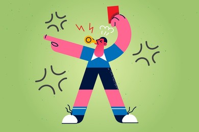 football male referee in uniform blow in whistle point and show red card. head judge in match eliminate player from game on field. disqualification concept. flat vector illustration. 