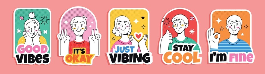 hand drawn flat design trendy cartoon badges and labels with funny people.