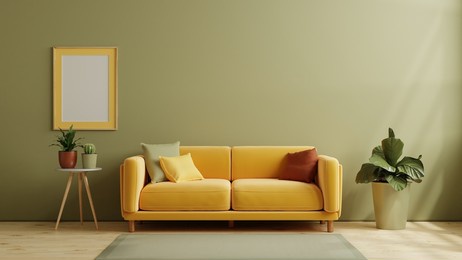 mockup living room interior with yellow sofa on empty dark green color wall background.3d rendering