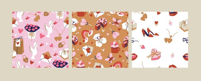 vector illustration set of cute objects and icons for valentine s day. seamless pattern