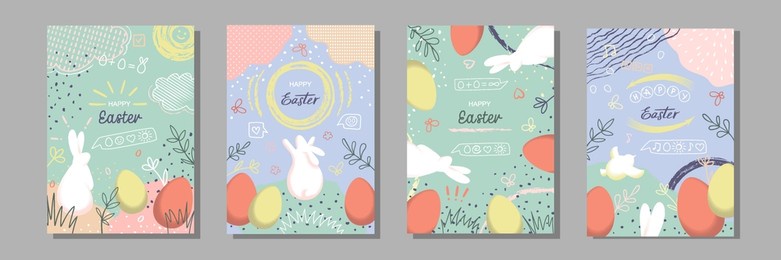 happy easter covers hand drawn set with eggs and rabbits